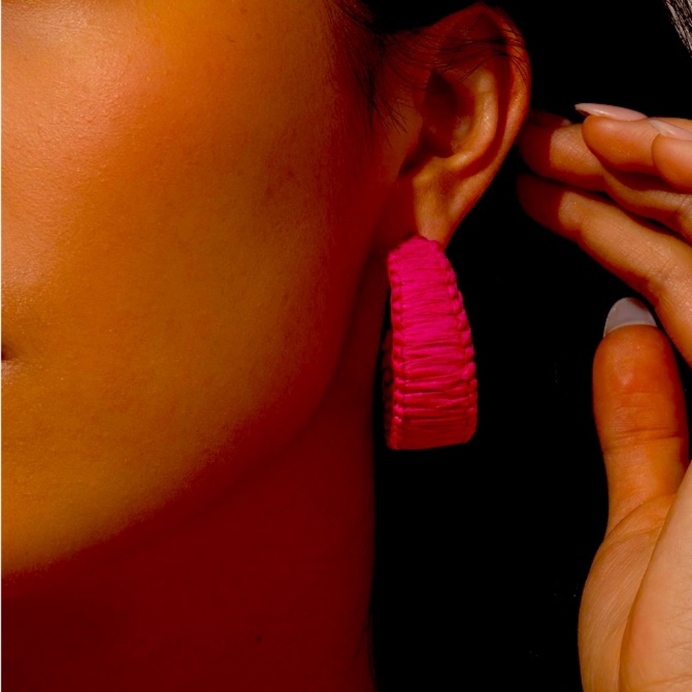 NEW Uncommon James Magenta Raffia Woven Hoop Earrings